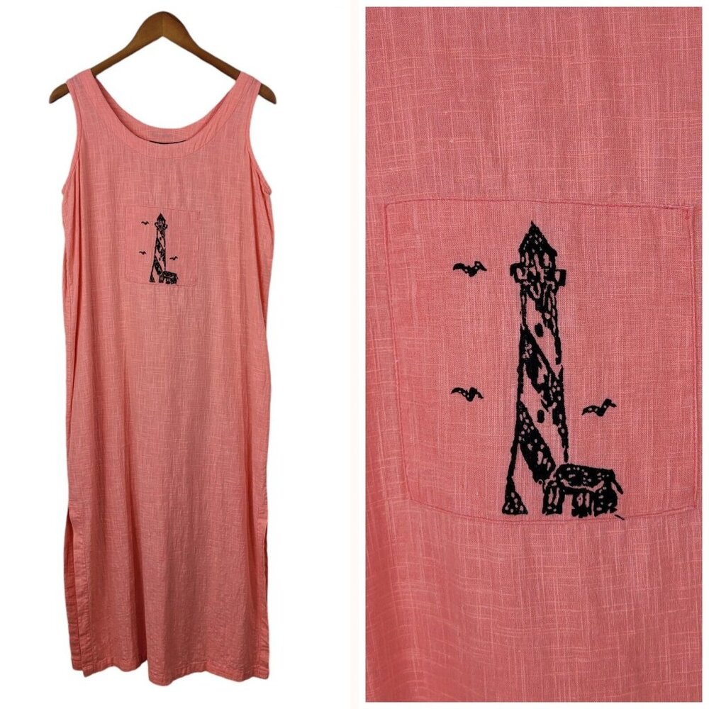 Vintage 90s Tropical Lighthouse Sheath Dress size Small Long Midi Beach Hawaiian